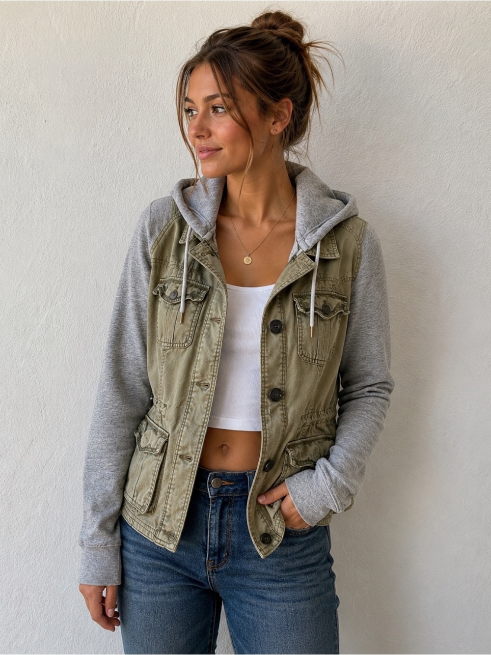 Abercrombie & Fitch Olive Utility Jacket with Gray Hoodie Sleeves